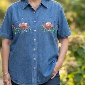 Just My Size Embroidered Cats in Wagon Denim Shirt Blue 14W 16W